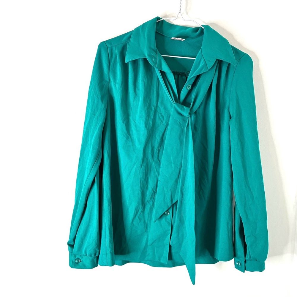 Vintage Graff Californiawear Button Front Tie Neck Blouse Teal
